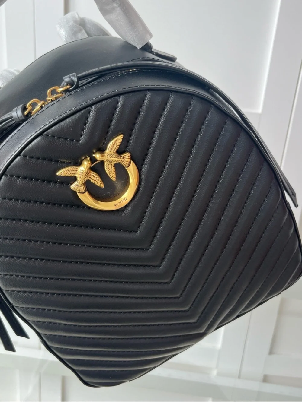 Pinko Black Quilted Backpack with Gold Bird Ring